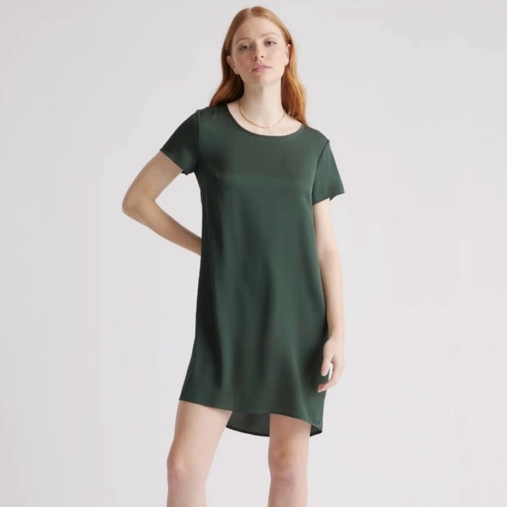 Quince Forest Green Silk Tee Dress Short Sleeve sz M Medium Washable Stretch NWT